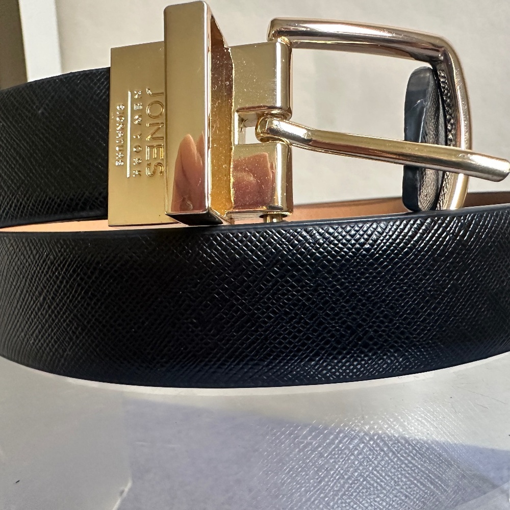 Jones NY Reversible Belt Black/Brown Faux Grain Leather, Large Gold-tone Buckle